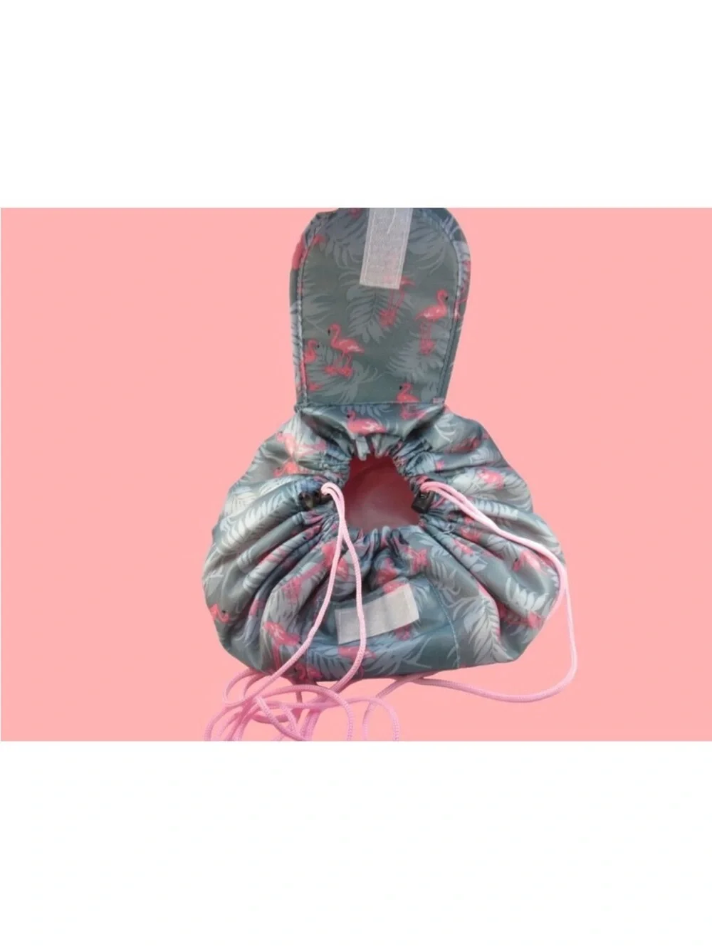 set of 2 Gray Flamingo Print Drawstring Makeup Pouch pink Cord green travel bag